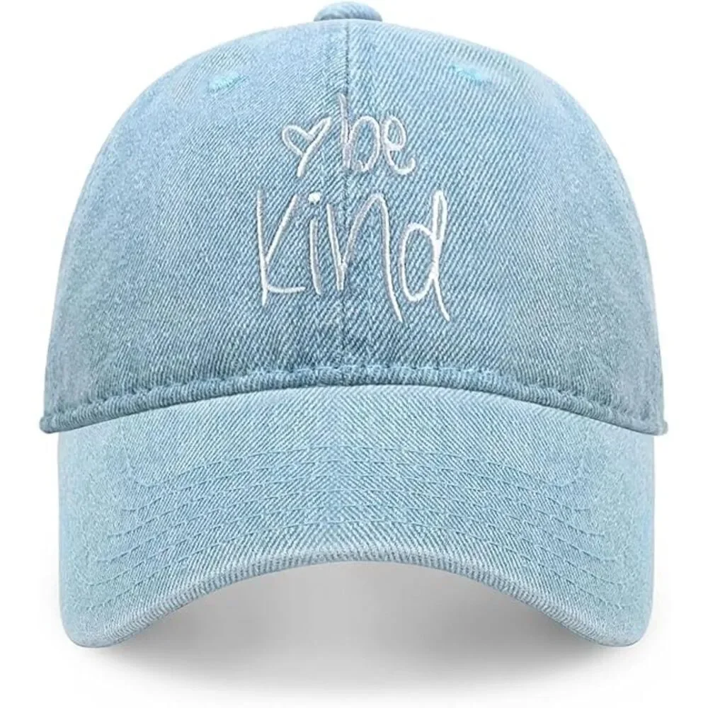 Unisex Light Denim 100% Cotton Be Kind Embroidered Adjustable Size Baseball Cap
